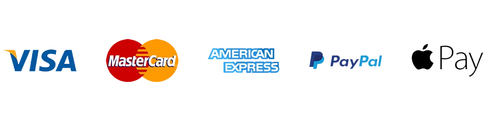 Accepted payment methods: Visa, Mastercard, American Express, PayPal, and Apple Pay