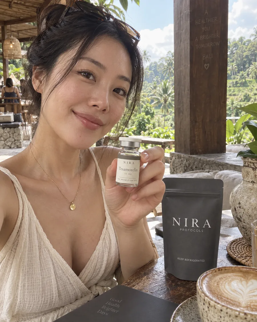 NIRA customer at a Bali cafe with branded product